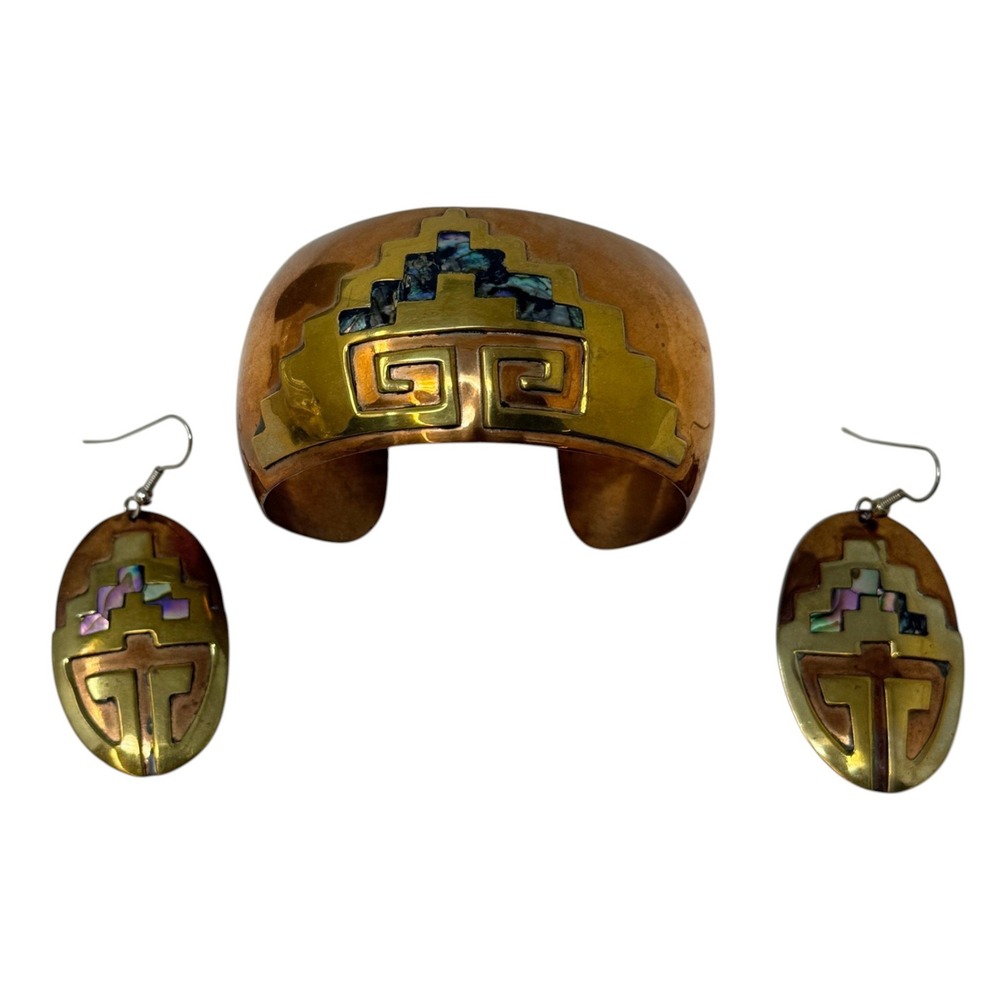 1980s CORBE Mexico Brass Abalone Cuff Bracelet & Earrings Geometric Dangle